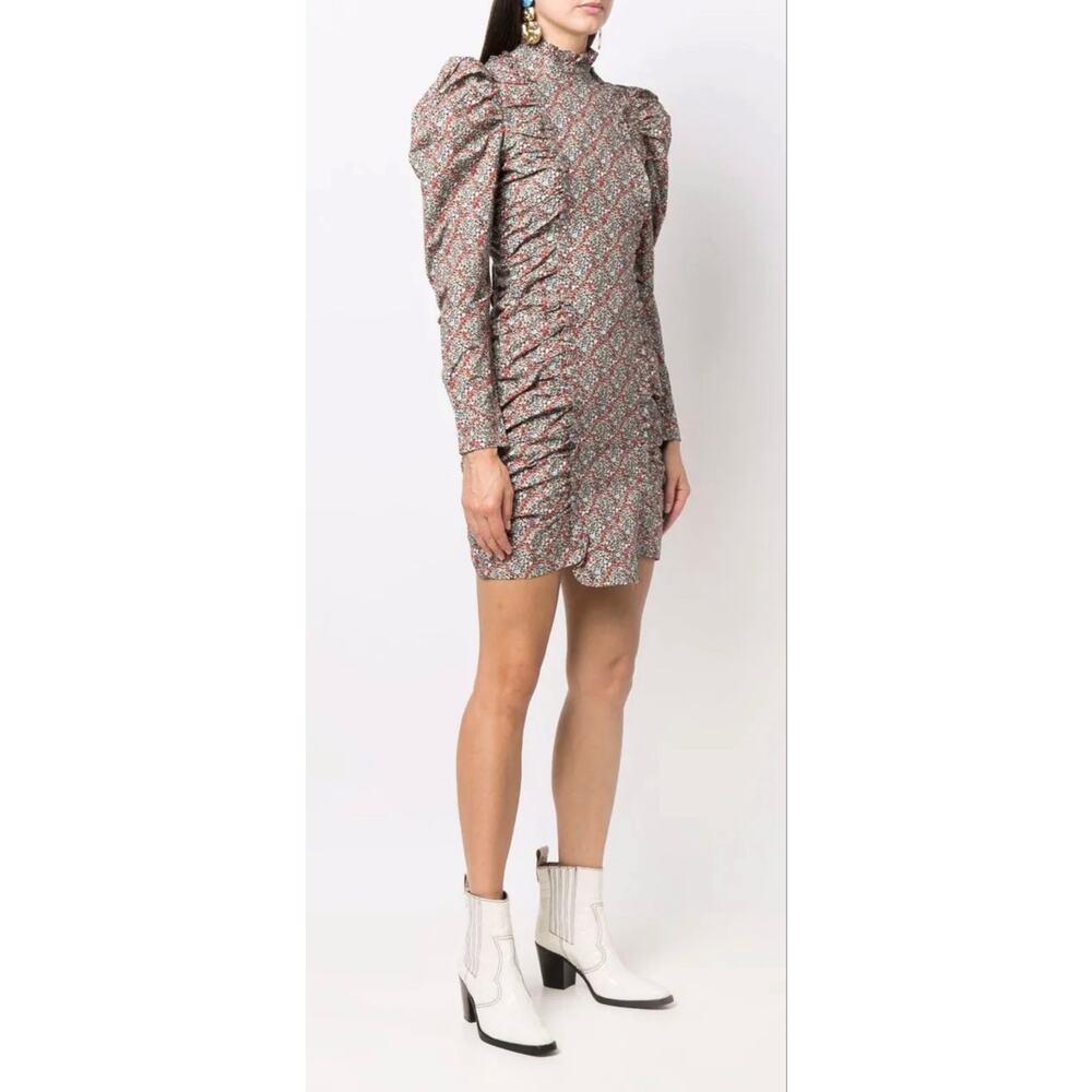 Ganni Mini Dress Floral Printed Cotton Poplin Gathered High Collar Fitted size 4 - Picture 2 of 10